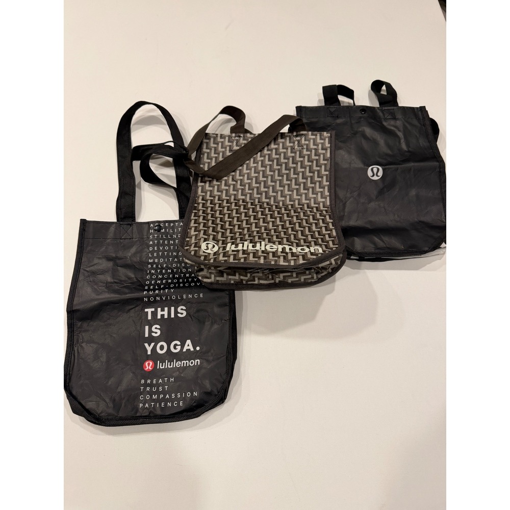 Lululemon Reusable Shopping Tote Bag Bundle Set of 3 Small Black Brown Geometric